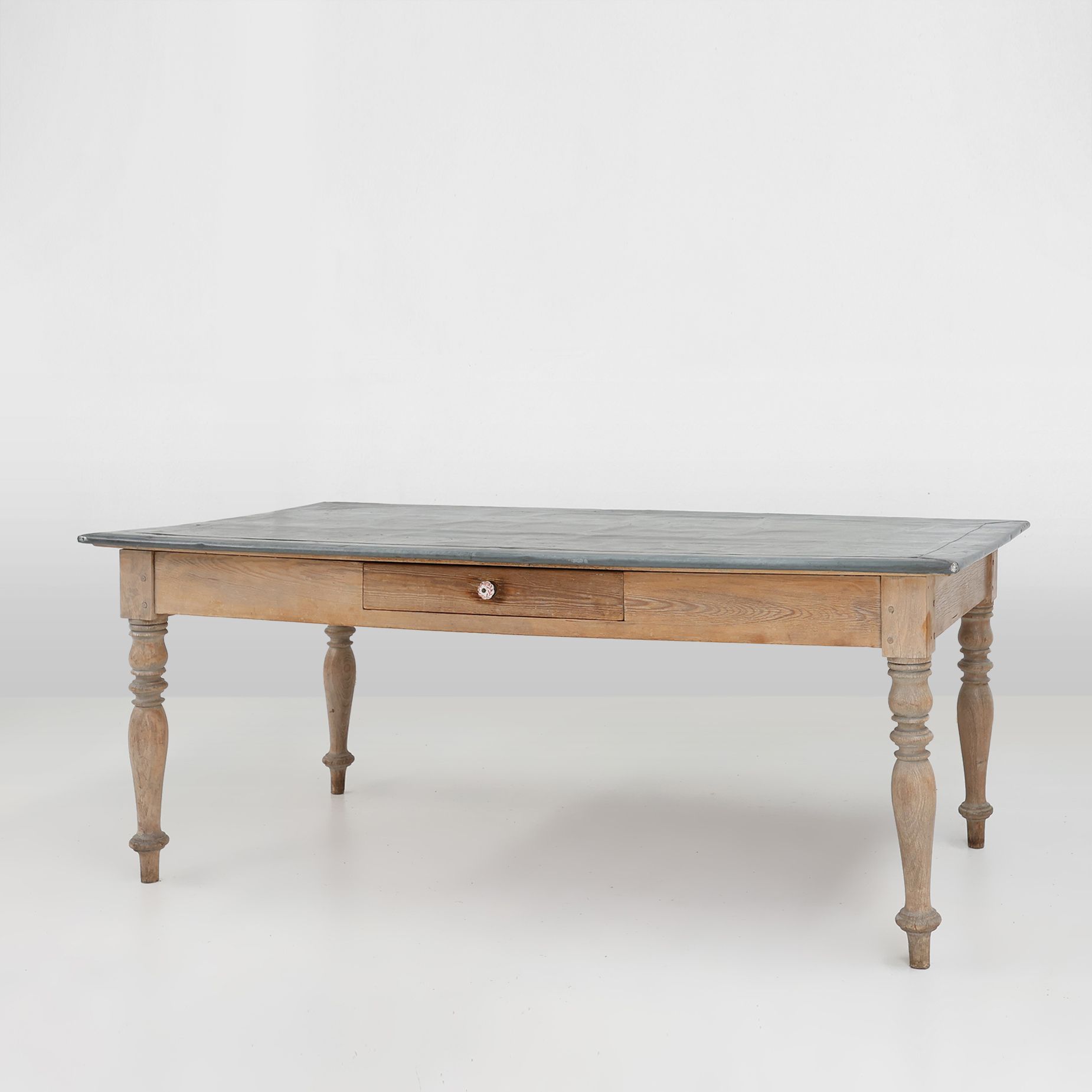 Rustic French pine wood dinner table with zinc top, ca. 1850-img